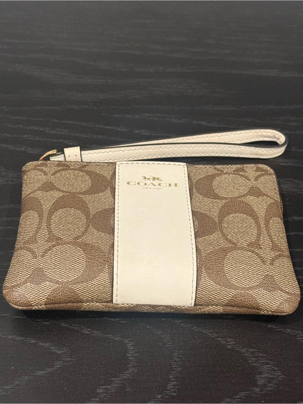 Coach Brown Signature Canvas Wristlet with Cream Stripe